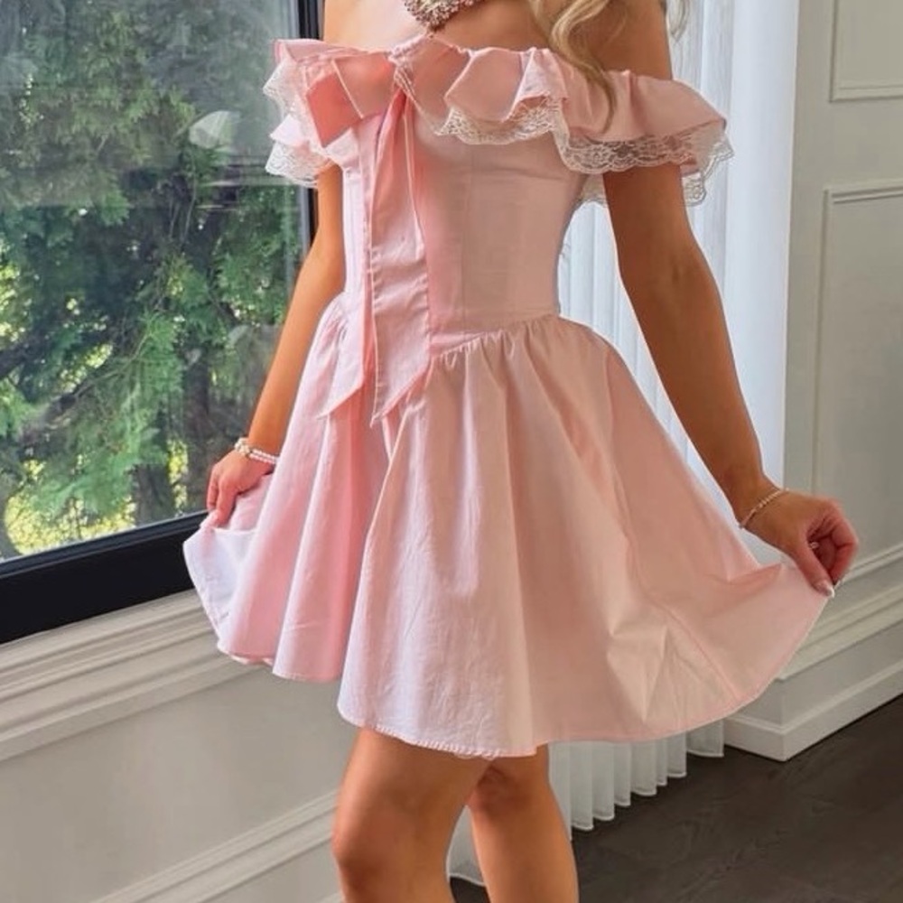 House of CB “Jaide” Pink Stretch Cotton Off-Shoulder Corset Mini Dress - Picture 2 of 4